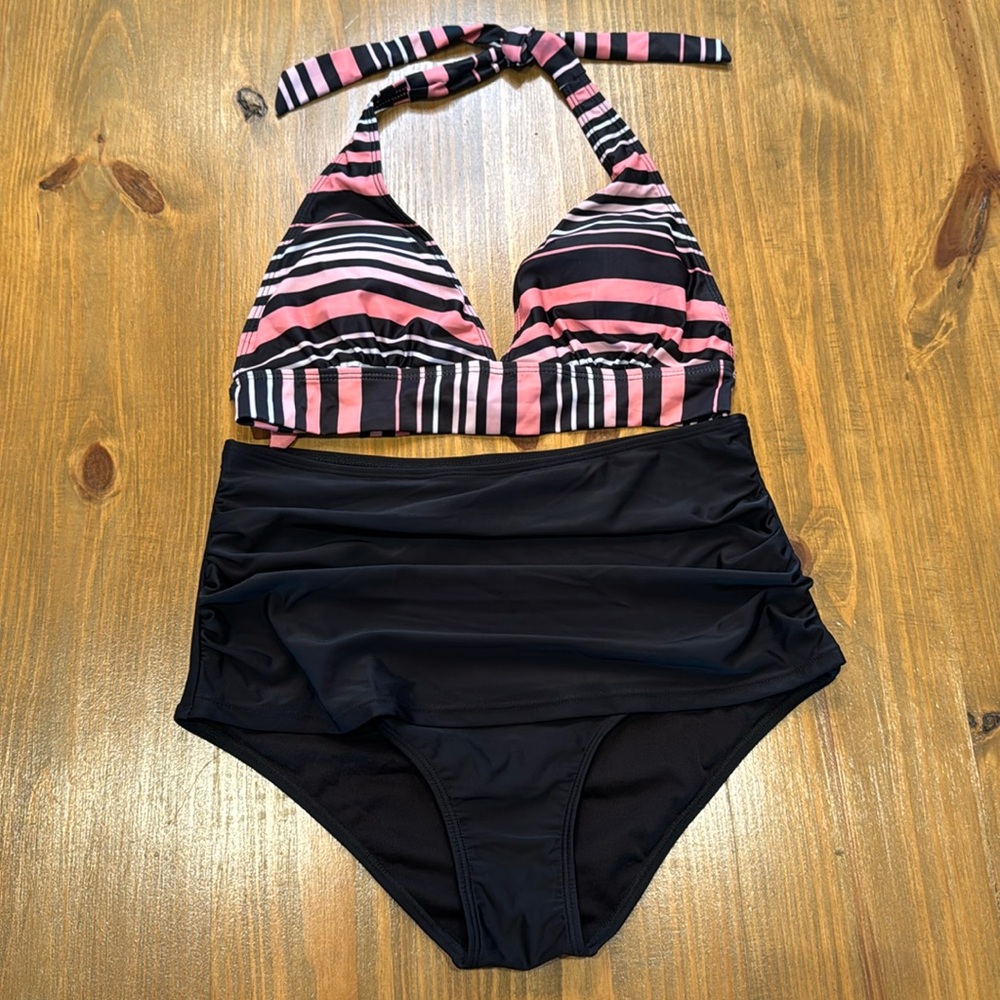 Women’s black & pink two piece halter swimwear with high waisted bottoms NWOT